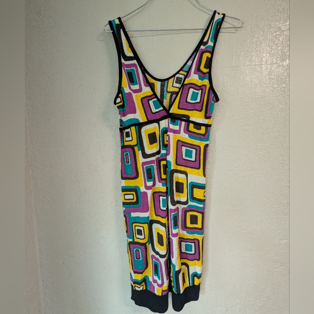Y2K 2000s Mini Dress M Festival Geo Print V Neck Twee Whimsy Raver Boho